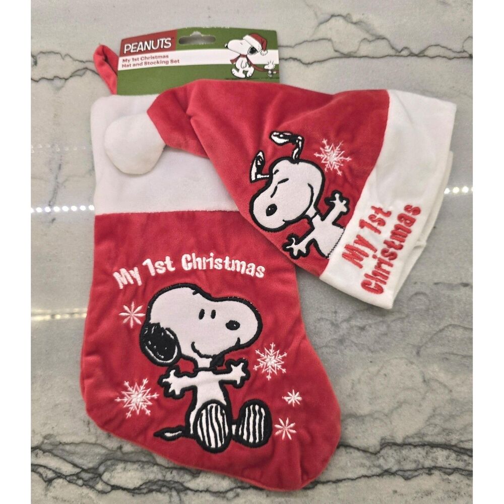 Peanuts Christmas Stocking Hat Set Kids Small My 1st Christmas Snoopy Red Gift